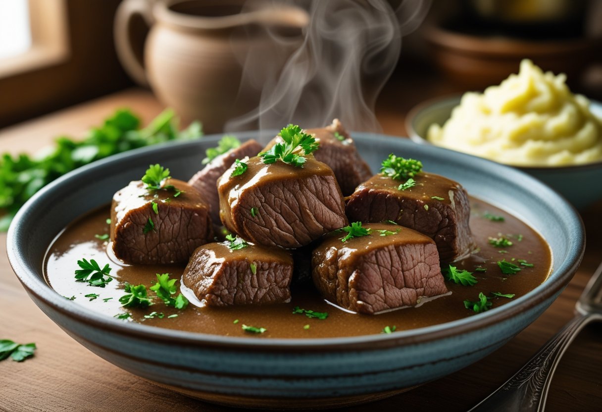 No-peek beef tips and gravy served hot with rich brown gravy and tender slow-cooked beef, classic comfort food dinner ready to enjoy